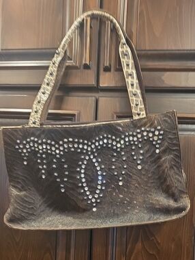 Hair On Hide Studded Brown Tote Bag with Embellished Design